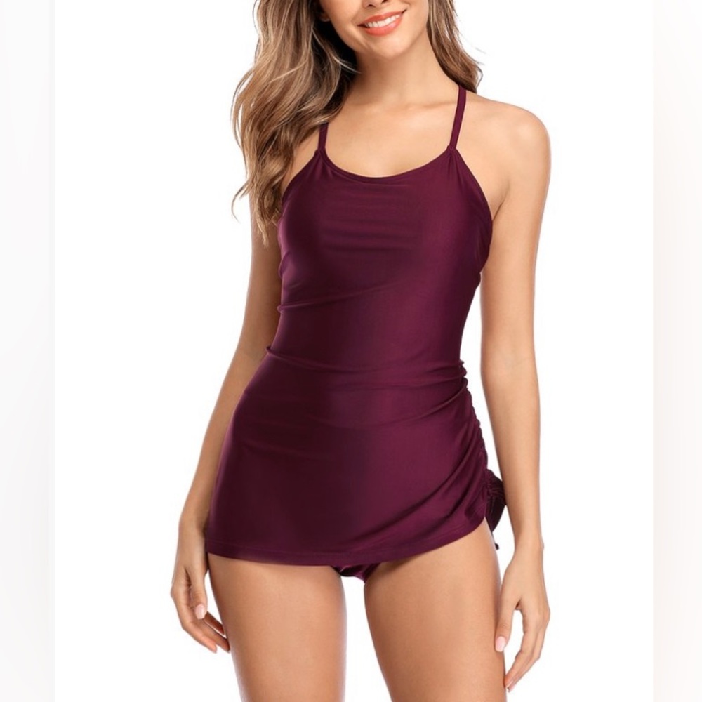 💥 NWT Flattering Charming Wine Burgundy Red Swimdress Swim Dress
